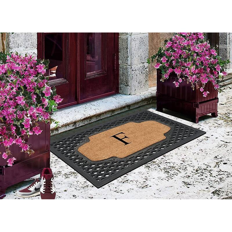 A1HC Mesh Border Rubber and Coir Large Heavy-Duty Outdoor Monogrammed Doormat, 23"X38" Black