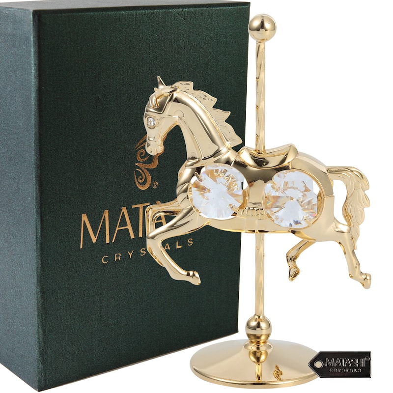 Matashi Home Decorative Tabletop Showpiece 24K Gold Plated Crystal Studded Carousel Horse Ornament