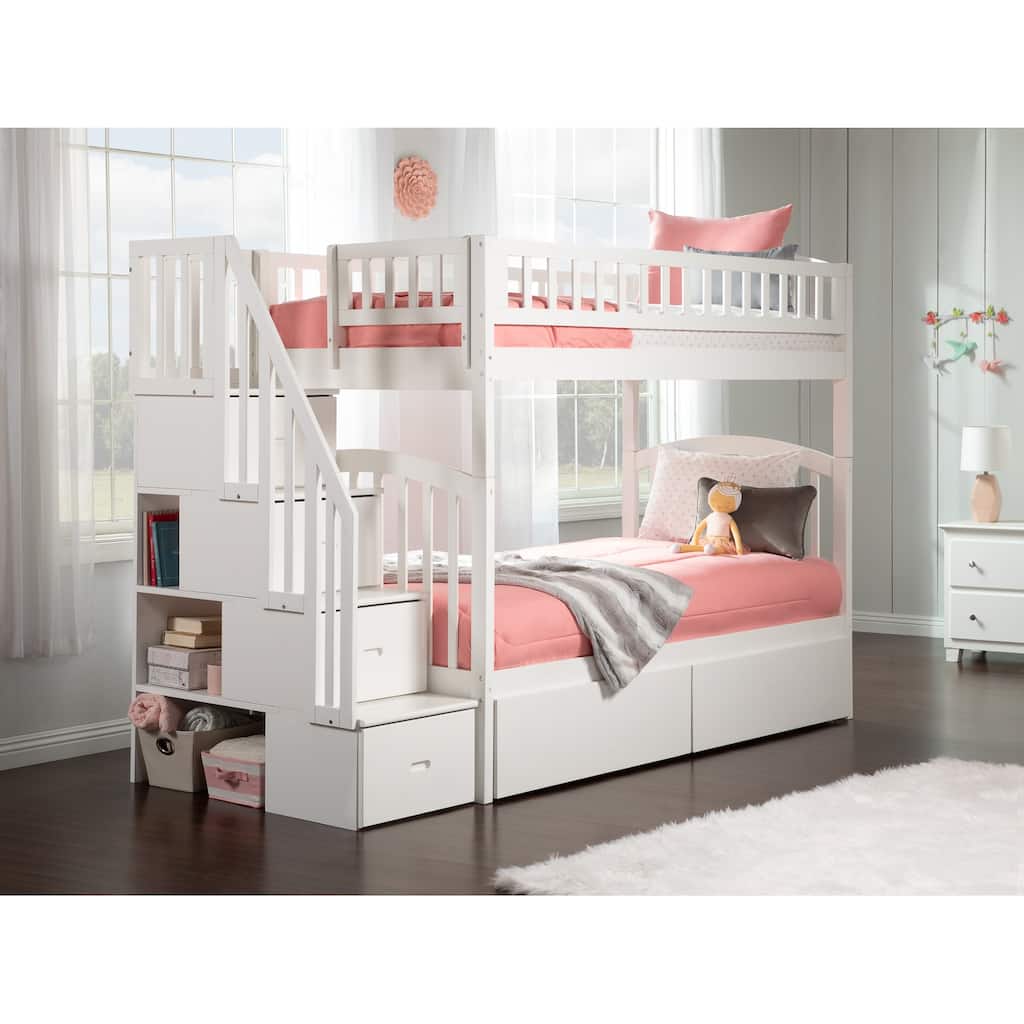 AFI Westbrook Twin over Twin Size Staircase Bunk Bed with Bed Drawers & Charging Station in White