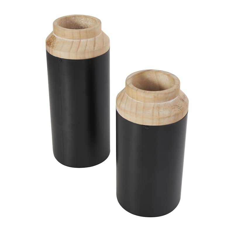 Wood Colorblock Decorative Vase with Light Brown Wood Tops - Set of 2 Black - Roche River Decor