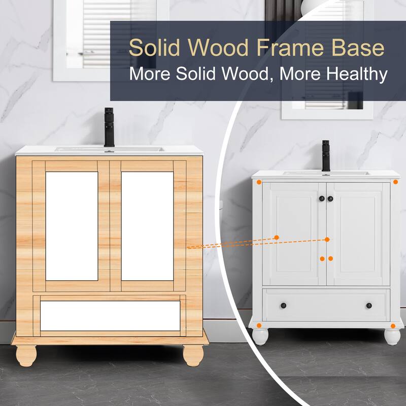 Retro Bathroom Vanity Cabinet Solid Wood Classic with Ceramic Sink