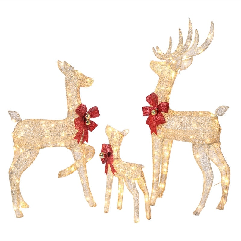 3-Piece Lighted Christmas Reindeer Family Set Outdoor Decorations Weather Proof Sparkling Deer Family - Gold - 4ft