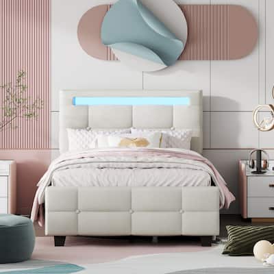 Linen Fabric Upholstered Platform Bed with Lattice-Pattern Headboard, Remote Control LED Panel Bed Frame for Bedroom