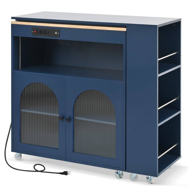 56.3" Rolling Kitchen Island with Extended Table,LED Lights,Power Outlets and Glass Doors