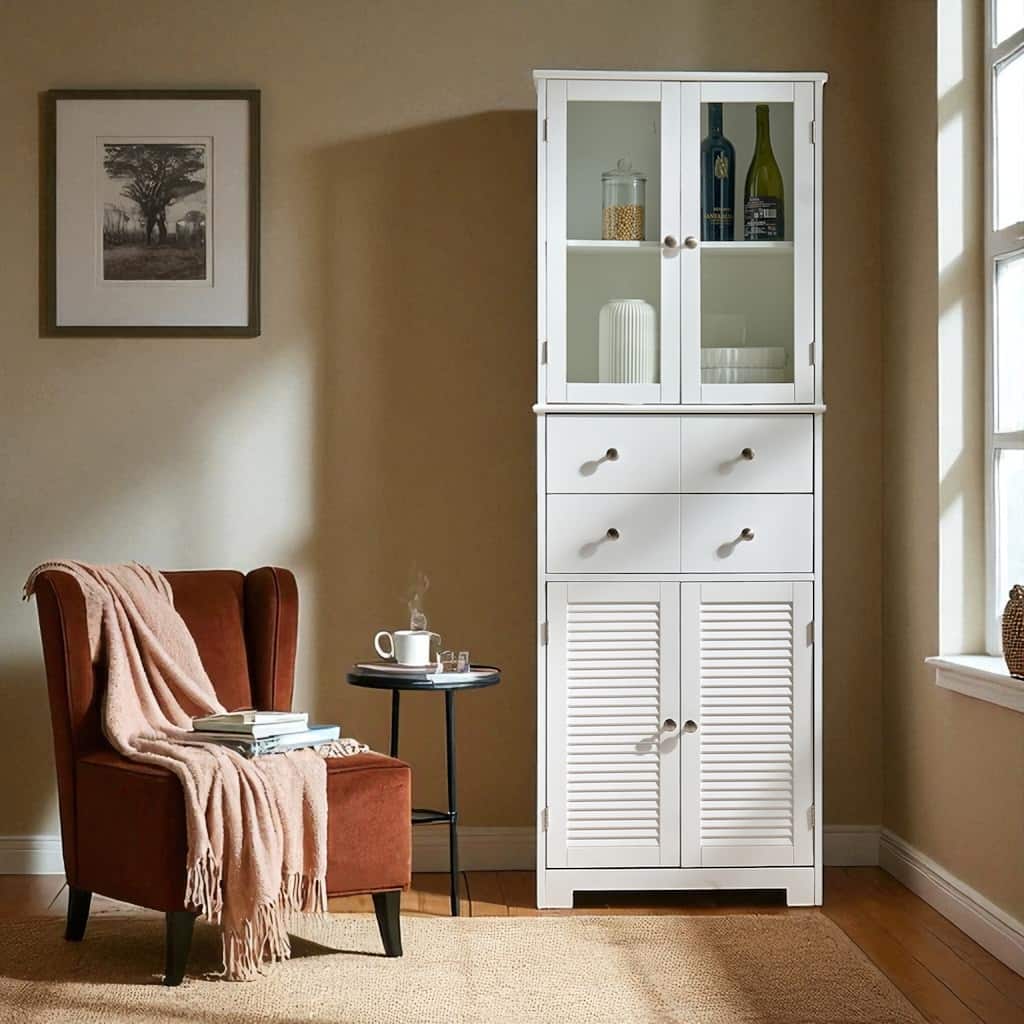 67" Tall Kitchen Pantry Cabinet with Glass Doors, Drawers & Adjustable Shelves, White Storage Cupboard Organizer