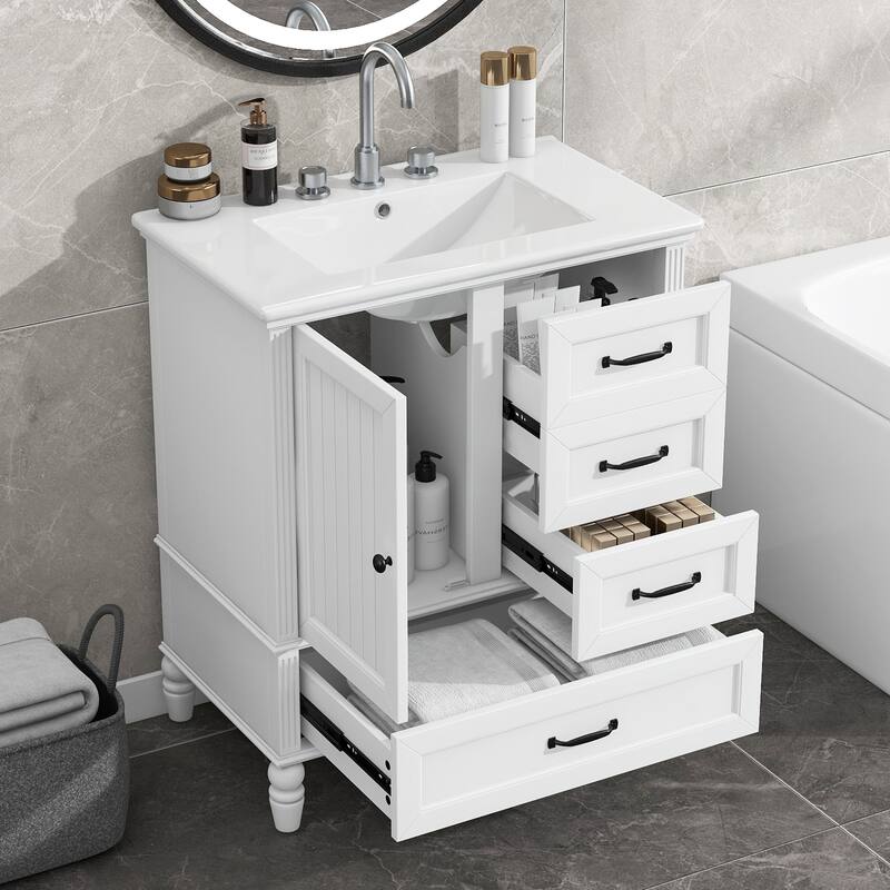 30" Bathroom Vanity with Sink, Bathroom Cabinet with A Door, Three Drawers, Solid Wood Legs & MDF Board, Adiustable Foot Pads