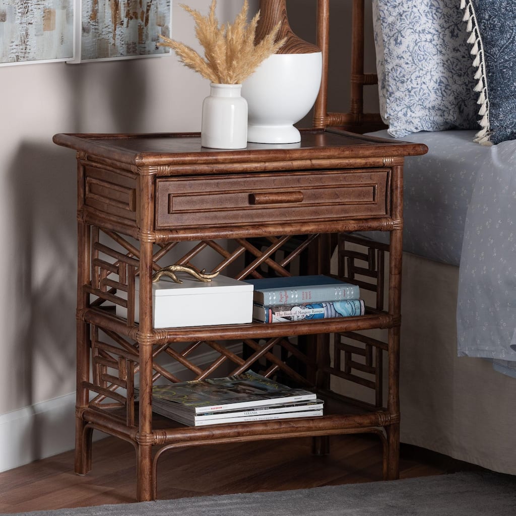 Daemyn Marbled Tortoise Natural Rattan Nightstand - Handcrafted Wicker Bedside Table with Drawer and Open Shelving