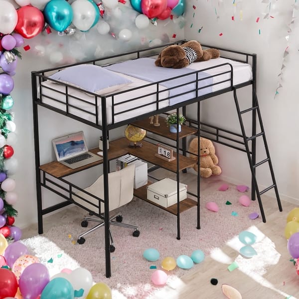 slide 2 of 18, Twin Size Loft Bed And Built-in Desk And Shelves for Home Black