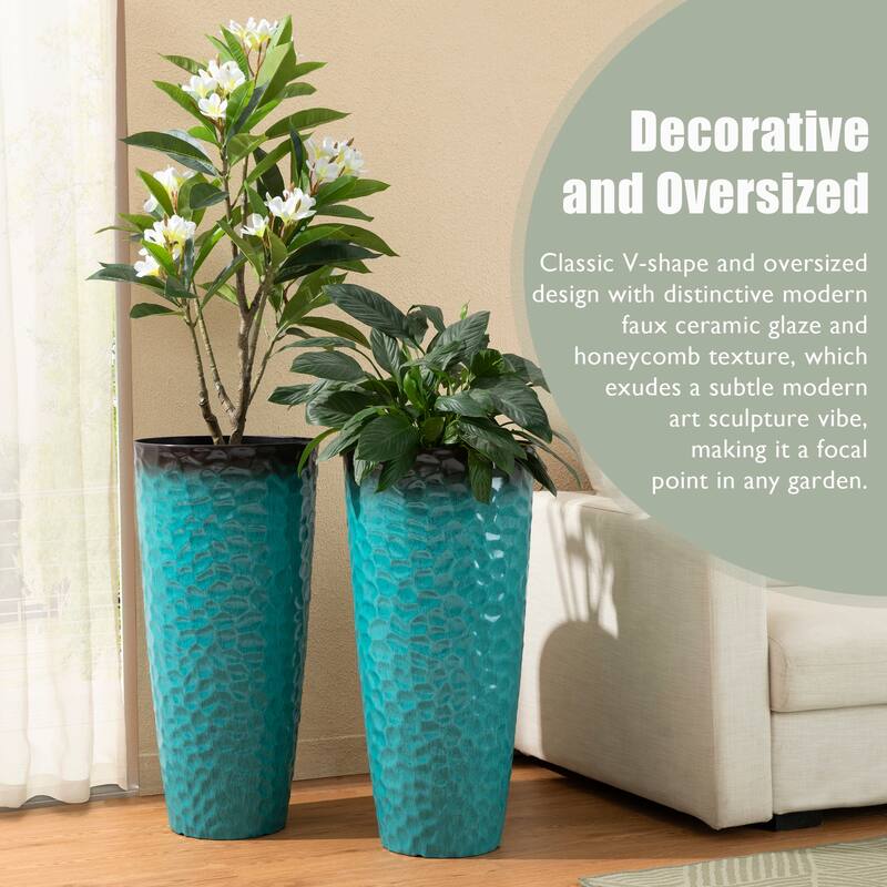 Glitzhome 31"H Set of 2 Oversized Eco-Friendly PP and Stone Honeycomb Textured Red Tall Plastic Planter