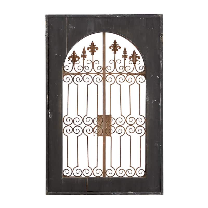 Blue Wood Arched Windowpane Fleur De Lis Home Wall Decor with Rust Metal Scrolled Gate