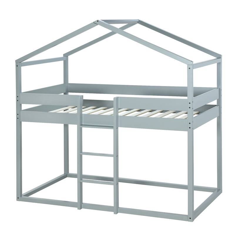 Twin Over Twin Bunk Bed with Tent, Floor Bunk Bed Frame, Kids Playhouse
