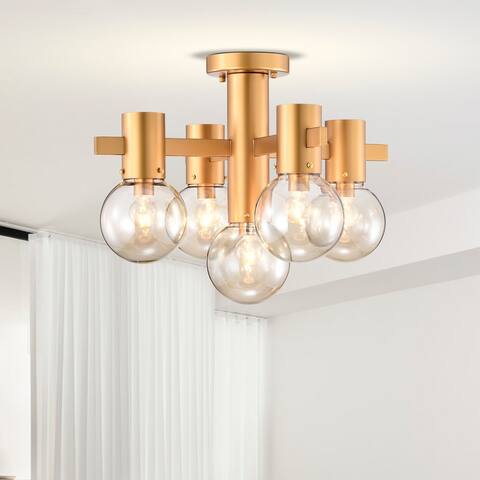 18" Wellmian 5-Light Matte Gold Semi-Flushmount Ceiling Lamp Mini Glass Globe Shades