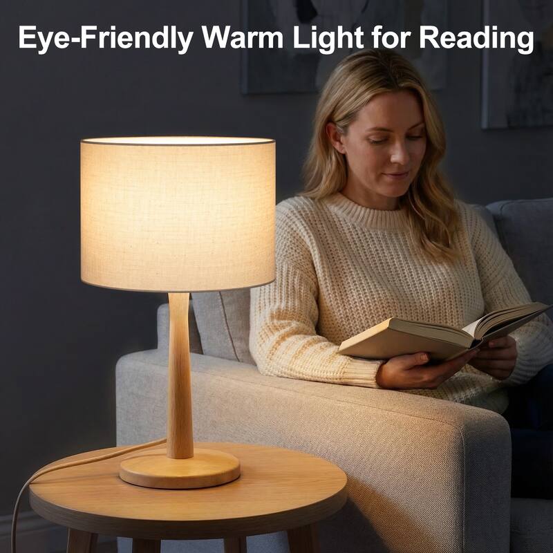 16.3 in. Modern Natural Wood Table Lamp with Linen Fabric Shade