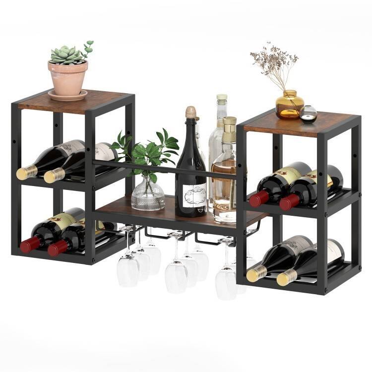 Rustic Brown Black Engineered Wood Metal Wall-Mounted Wine Rack Shelf - 35" x 10" x 16" - Rustic Brown-Black