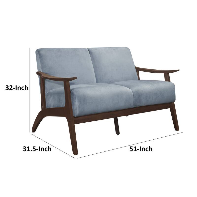 Rica 51 Inch Loveseat, Soft Blue Gray Velvet, Walnut Brown Solid Wood