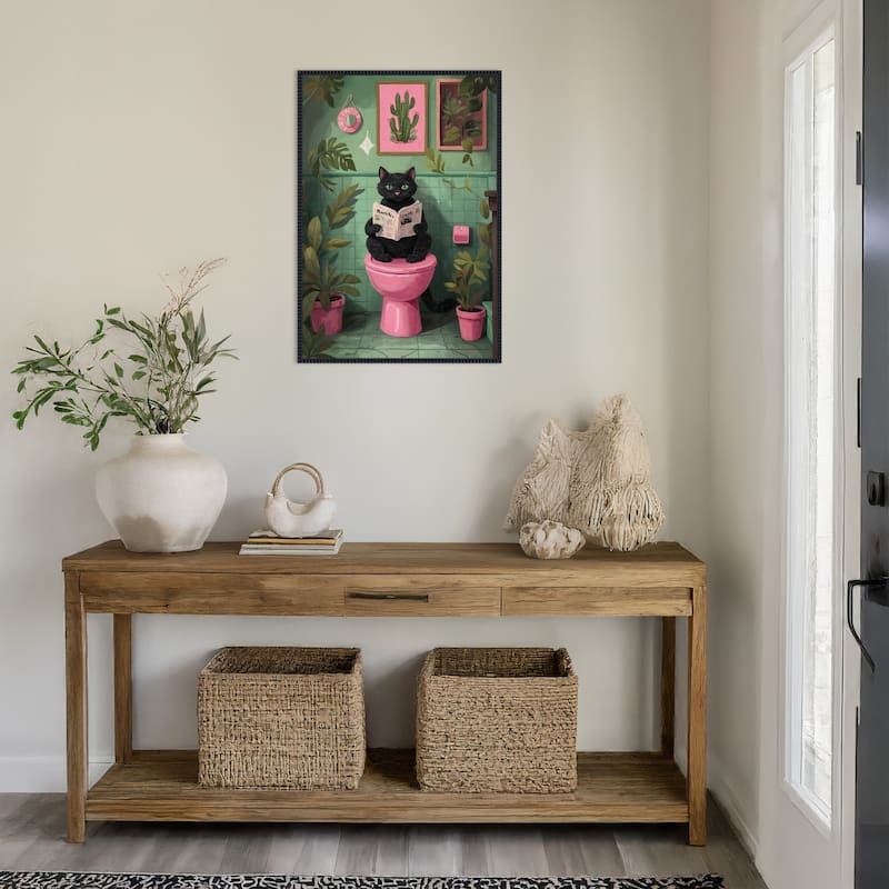Bathroom Cat No 4 by The Art Concept Framed Canvas Wall Art Print - Sylvie Beaded Black