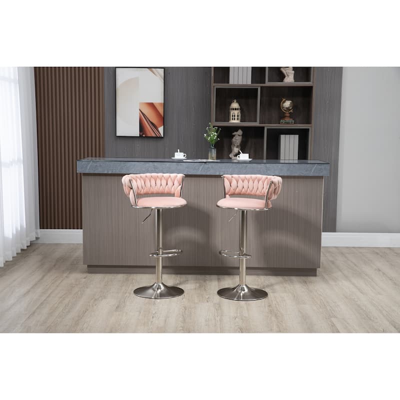Velvet Swivel Adjustable Height Bar Stools With Sliver Footrest(set of 2) - Pink