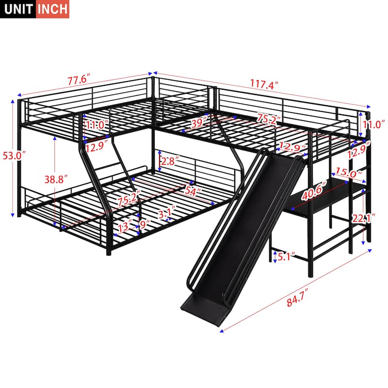 LShaped Twin Over Full Bunk Bed with Twin Loft Bed, Builtin Desk
