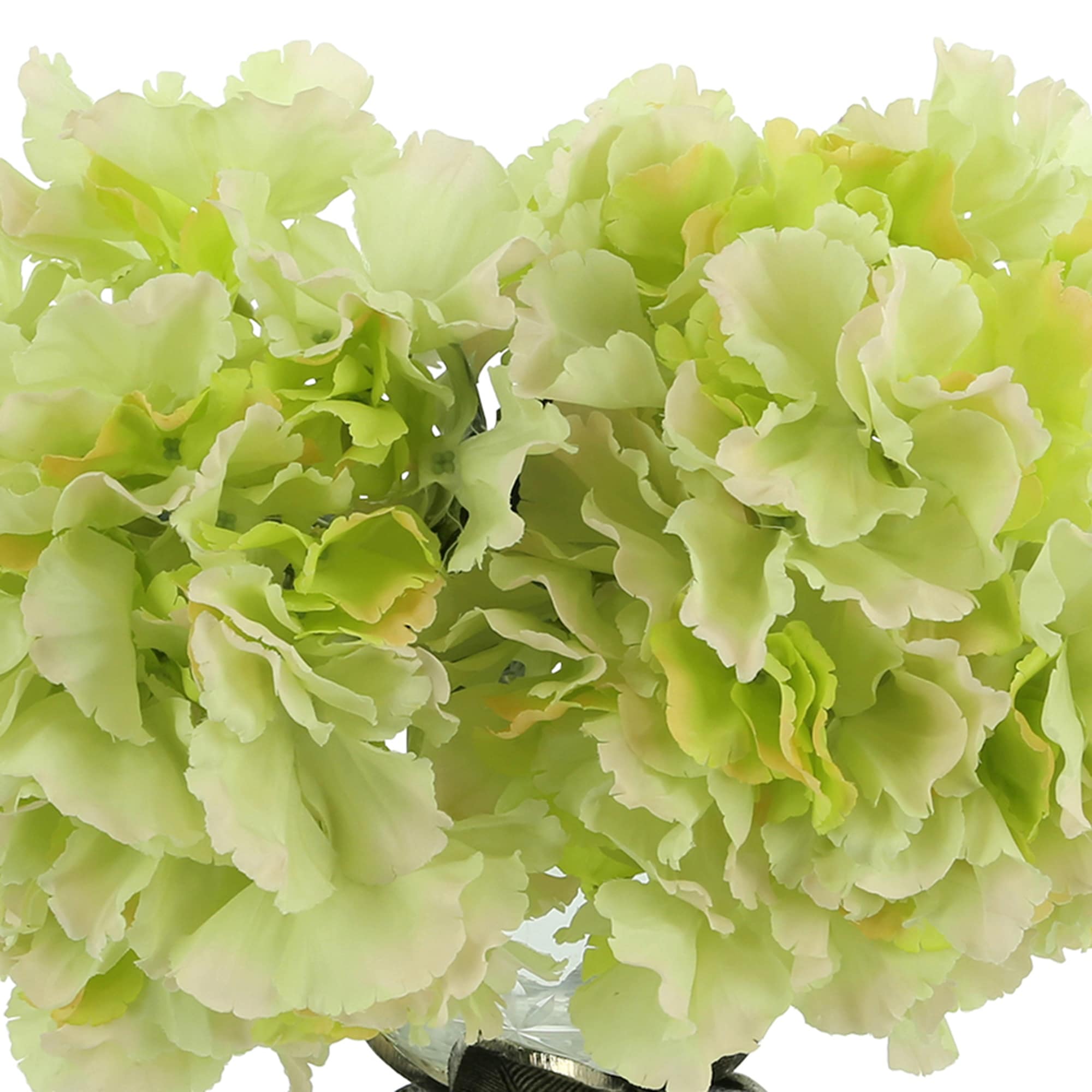 Hydrangea Arrangement in Glass Vase with Metal Base - Bed