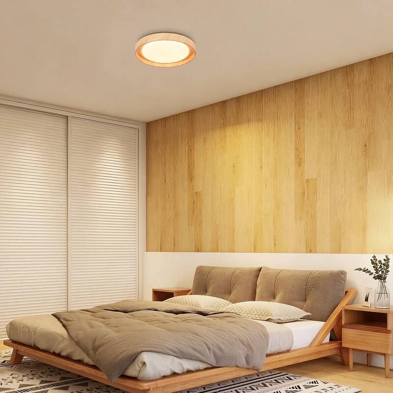19.7" W Modern Minimalist Round Circle Integrated LED Flush Mount Ceiling Light with Wood Grain Finish