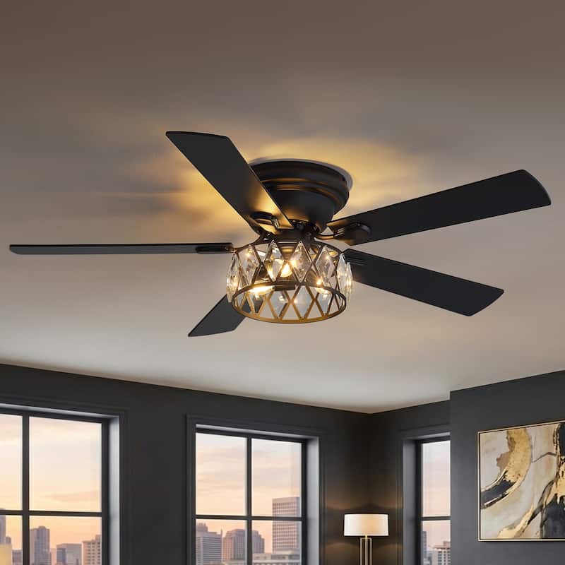 52" Flush Mount 5-Blade Modern Crystal Indoor Ceiling Fan with Light Kit and Remote