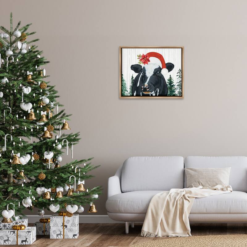 Stupell Christmas Hat Cow Portrait Framed Floater Canvas Wall Art Design By Ashley Justice