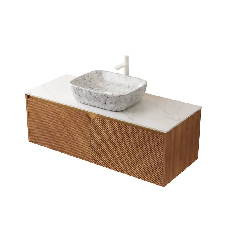 48" Bathroom Vanity&Sink, Floating Plywood Storage Cabinet,Twill Double Doors,Marble Pattern Ceramic Vessel Basin&Stone Top