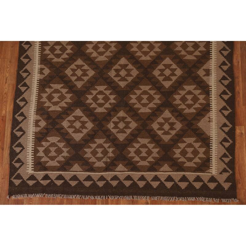 Brown Tribal Geometric Kilim Oriental Area Rug Flat-weave Wool Carpet - 5'3" x 8'1"