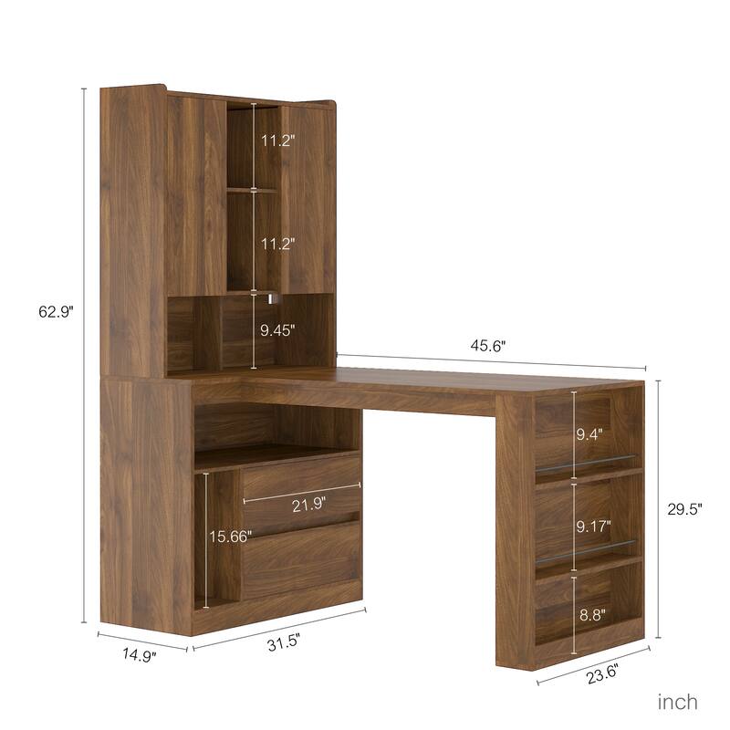 L Shaped Computer Desk with LED Light and Power Outlets, Corner Desk with Drawers Bookshelf for Home Office