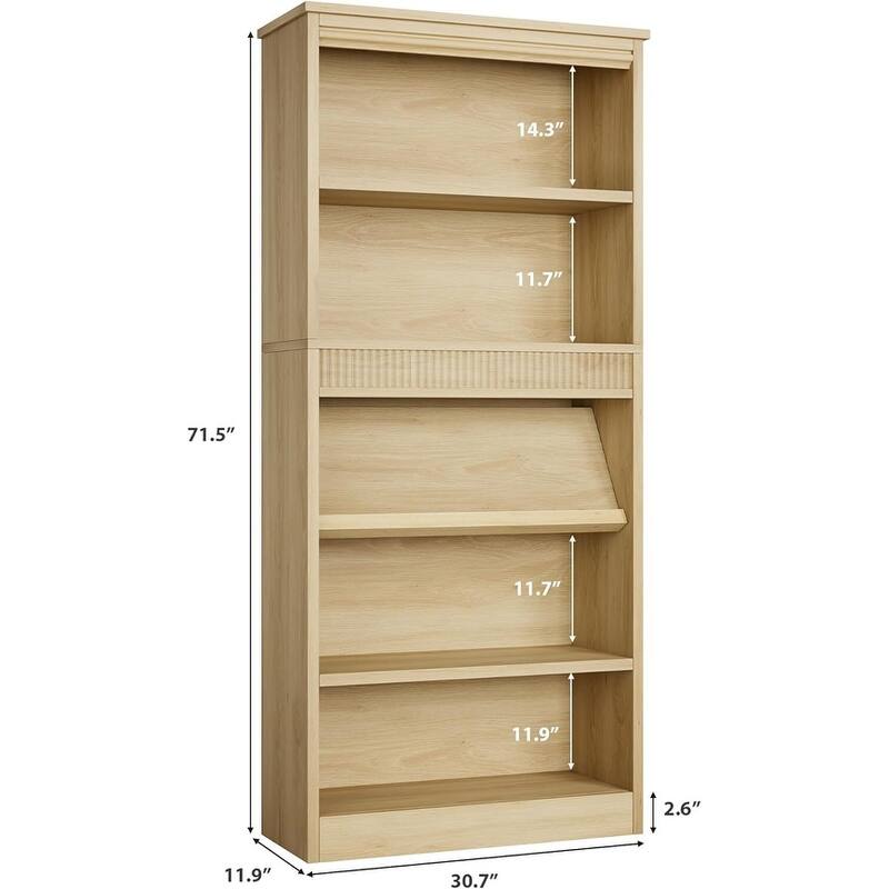 71 Inch Fluted Design Farmhouse Bookcase with Display Rack - N/A