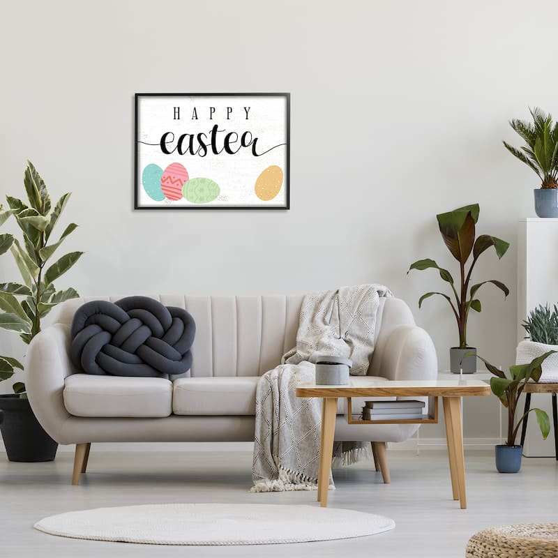 Stupell Happy Easter Greeting Fun Pattern Spring Holiday Eggs Framed Wall Art - White