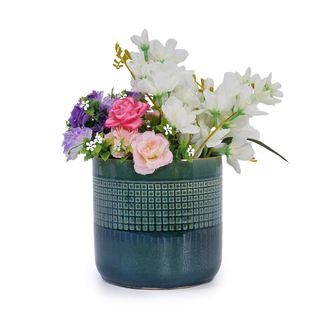 Set of 3 Grid Ceramic Flowerpot Blue Green