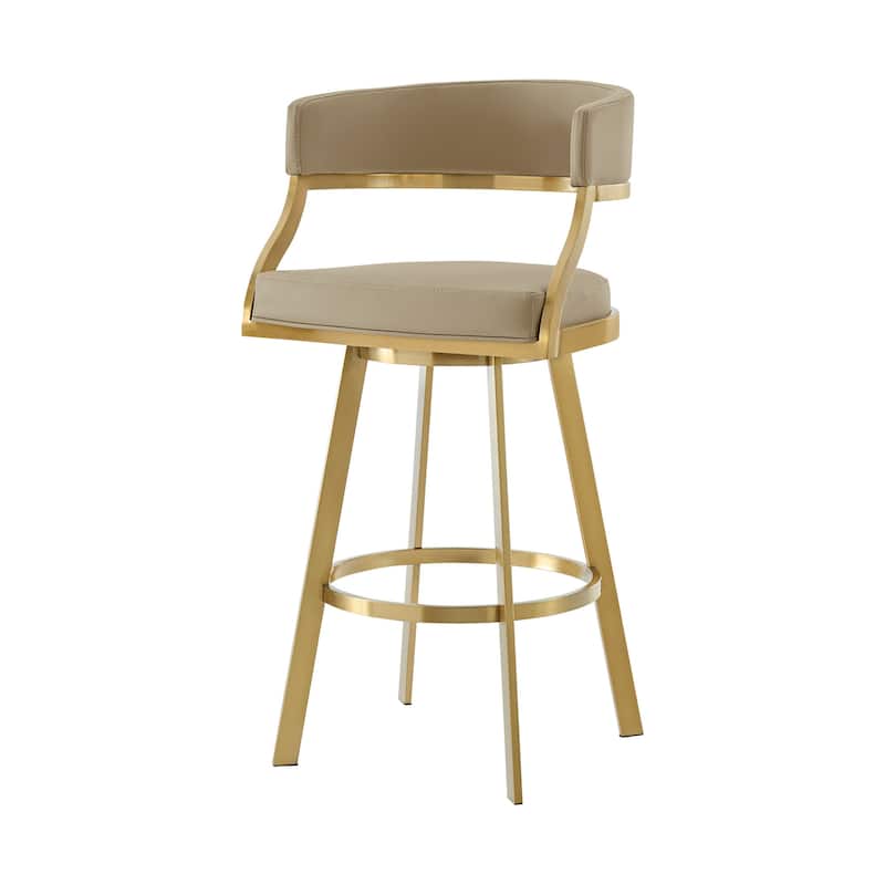 HomeRoots 30" Sand and Gold Faux Leather and Stainless Steel Low Back Bar Height Swivel Bar Chair