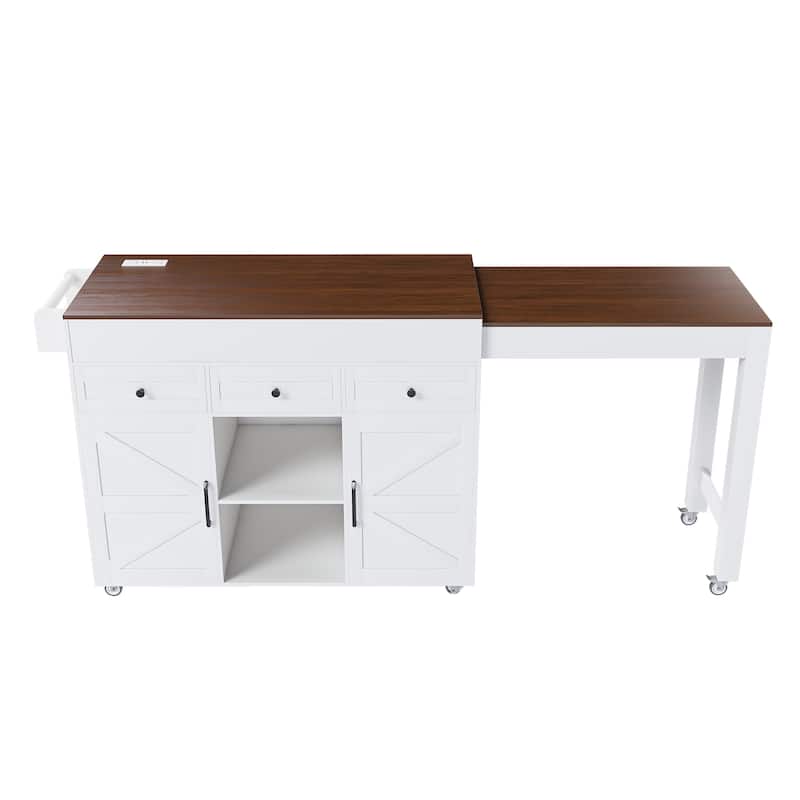 74.8"Kitchen Island with Extendable Dining Table & Power Outlet-Rolling Storage Cart on Wheels with 3 Drawers & 2 Door Cabinet