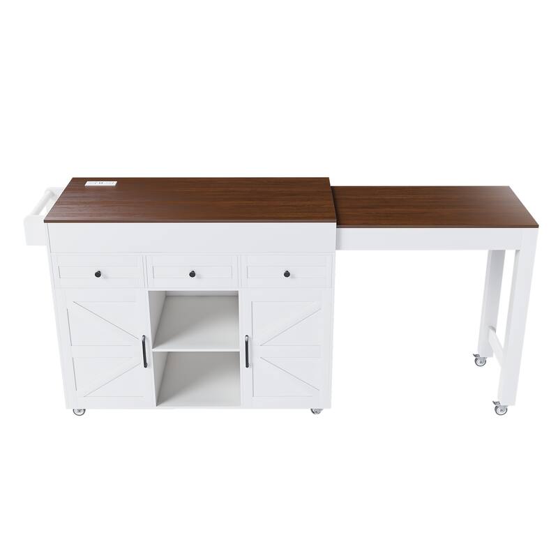 75" Kitchen Island with Extendable Table & Power Outlet - Rolling Storage Cart with Marble Top & Cabinet for Dining Room