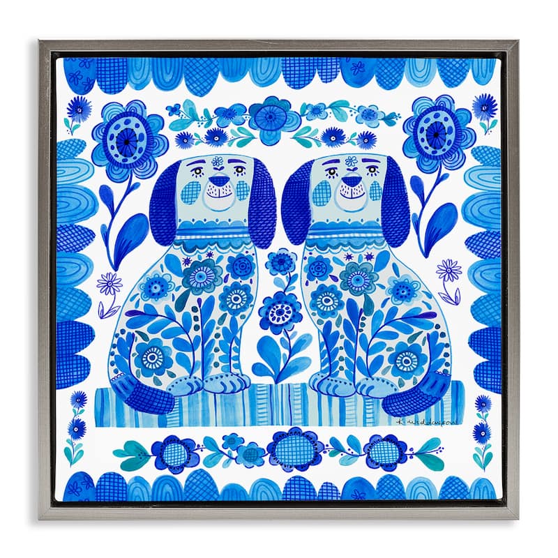 Stupell Blue Folk Style Puppies Framed Floater Canvas Wall Art Design By Kay Widdowson - 18 x 18 - Grey