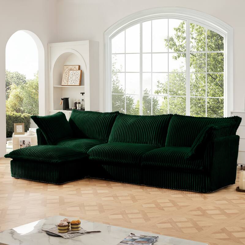 Corduroy 3-Seater Armless Sectional Sofa with Reversible Ottoman