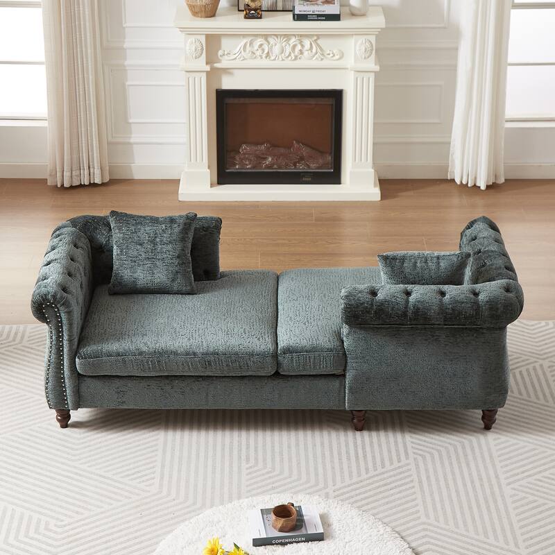 81-inch Chenille Face-to-face Chaise Lounge with Two Pillows,Nailhead trim,Button Tufted Design and Rolled Arms - Green