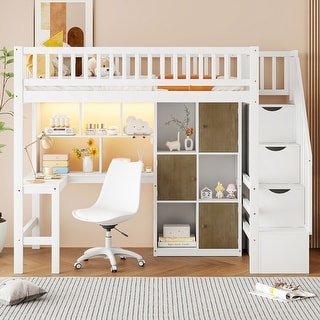 Twin Size Loft Bed with Built-in Desk and Shelves, Kids Teens Storage Bed Frame with Cabinets and Staircase