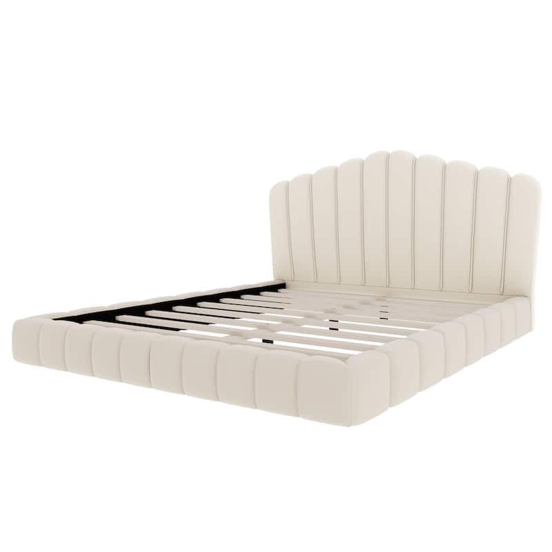 Velvet Upholstered Queen Bed Frame Floor Bed Shell-Shaped Headboard Wingback Frame Bed, No Box Spring Needed