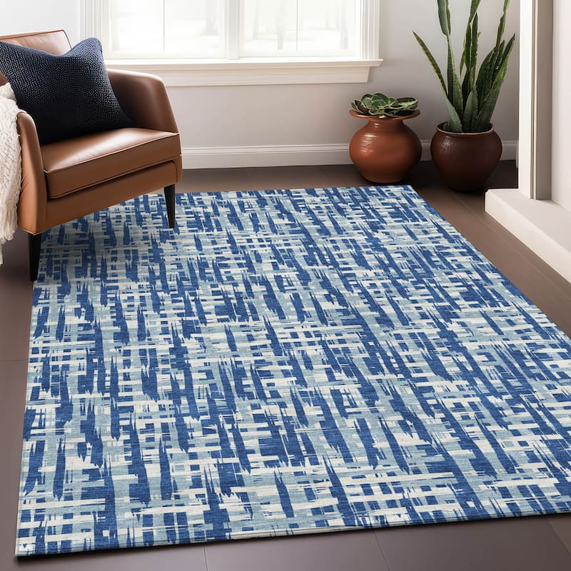 Machine Washable Indoor/ Outdoor Modern Crosshatch Chantille Rug - Blue - 8' x 10'