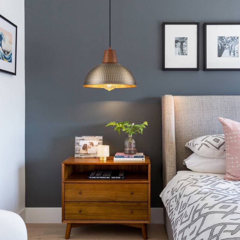 Industiral Hammered Antique Bronze Wood Dome Pendant Light - W12"