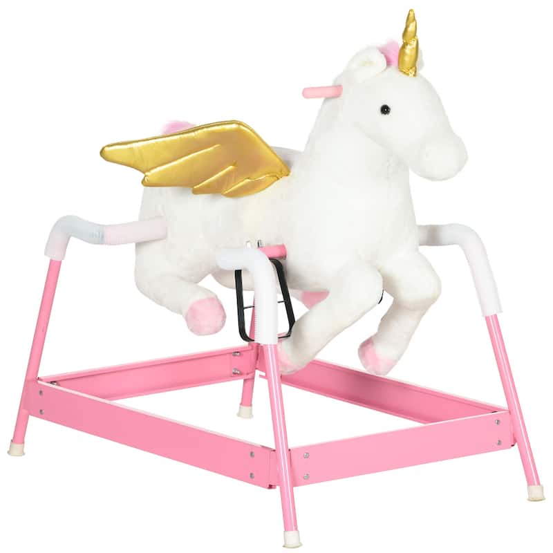 Qaba Spring Rocking Horse, Kids Ride on Horse for 5-12 Years, Ride on Toy with Sound, Unicorn Design, Pink - White