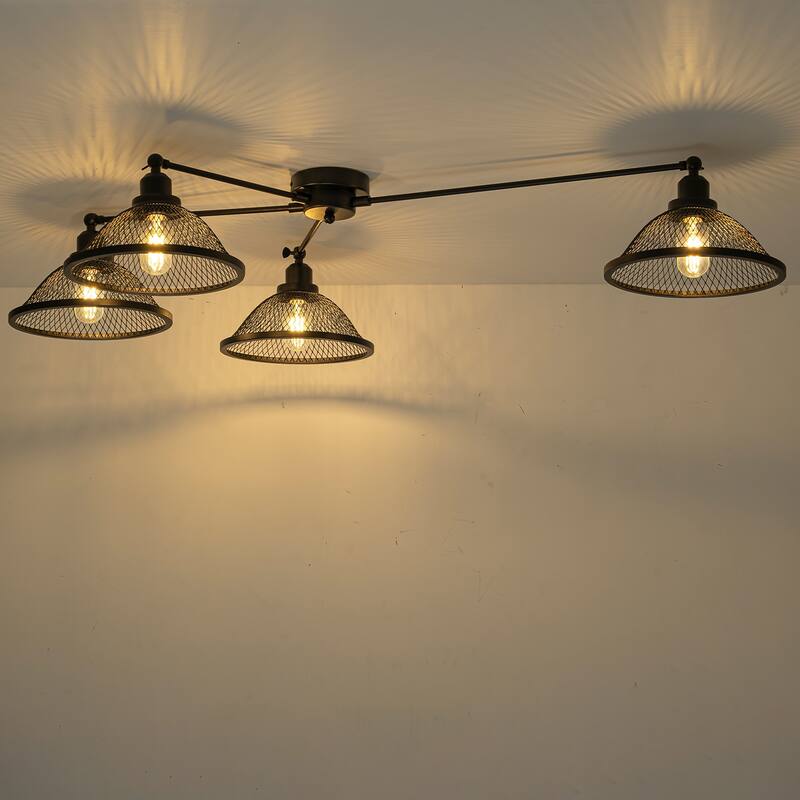 4 Lights Industrial Cone Shaped Iron Mesh Flush Mount Ceiling Light - Dia.47.24-in