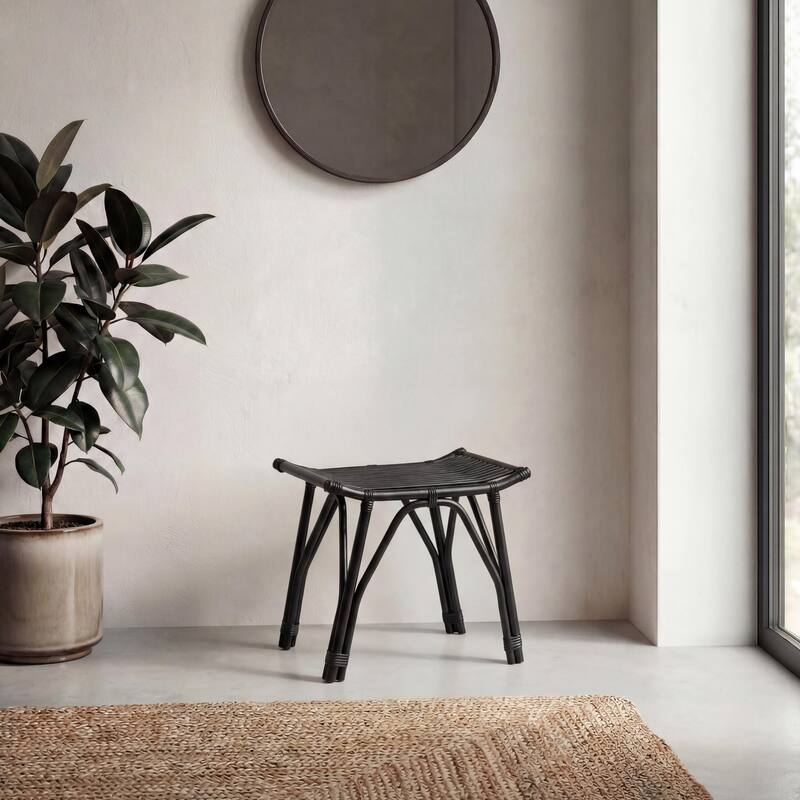 JONATHAN Y Gabriel Modern Bohemian Handcrafted Rattan/Teak Wood Curved Seat Accent Stool