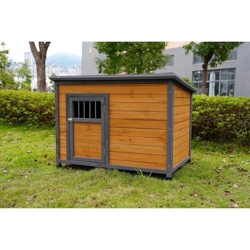 45"Large Solid Wood Dog House, Waterproof PVC Plastic Roof, Breathable Wooden Doors