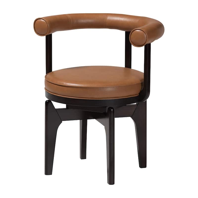 Delacruz Swivel Dining Chair - Round Open Back Accent Chair with Faux Leather Upholstery, Modern Contemporary Seating - Tan/Black