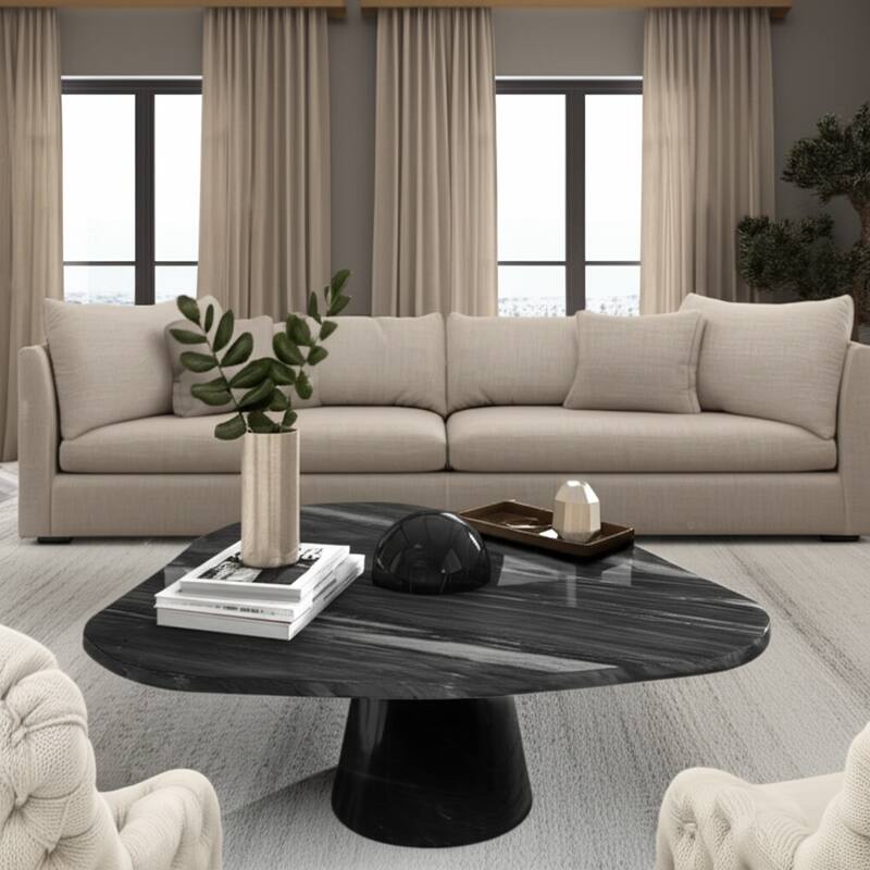 Pearl Marble Coffee Table Sculptural Pedestal Base - 17" Black - 36" x 36" x 17"