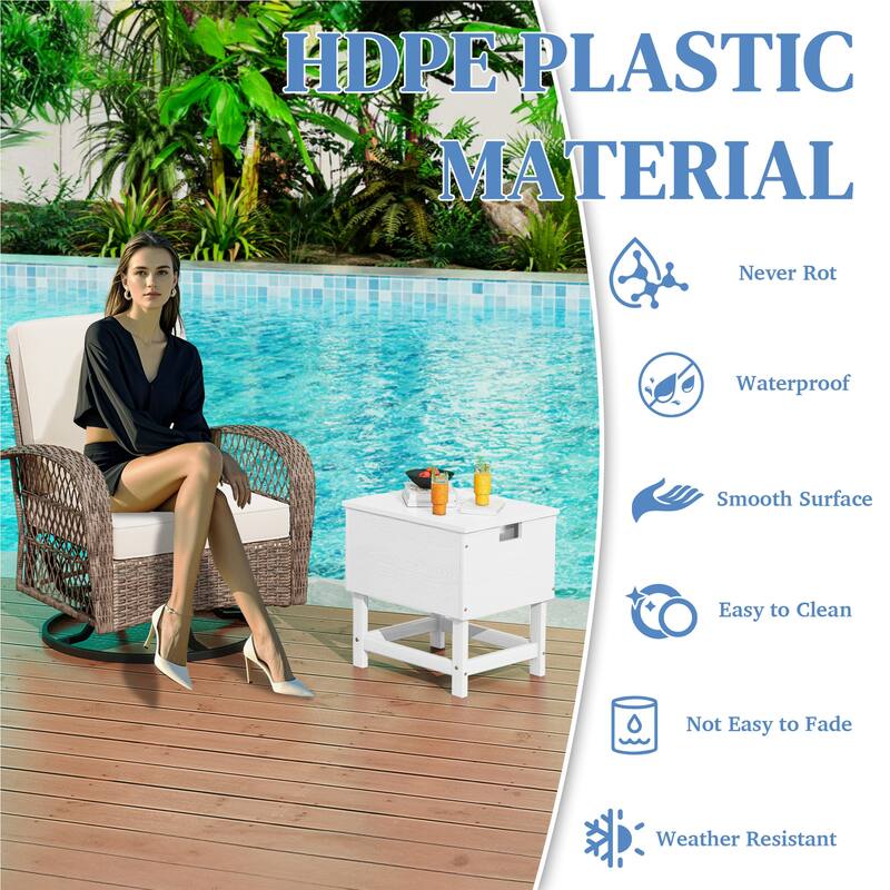 Outdoor Patio Weather Resistant HDPE Coffee & Side Table, Build-in Stainless Steel Cooler Bucket