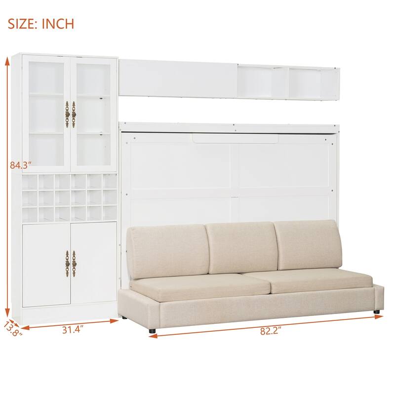 Full Size Murphy Bed Wall Bed with Sofa ,Shelves USB & Light